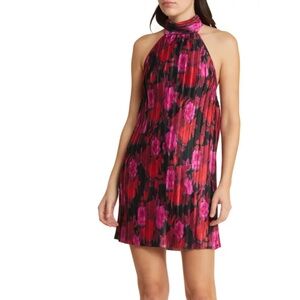 Floral pleated halter neck mini dress